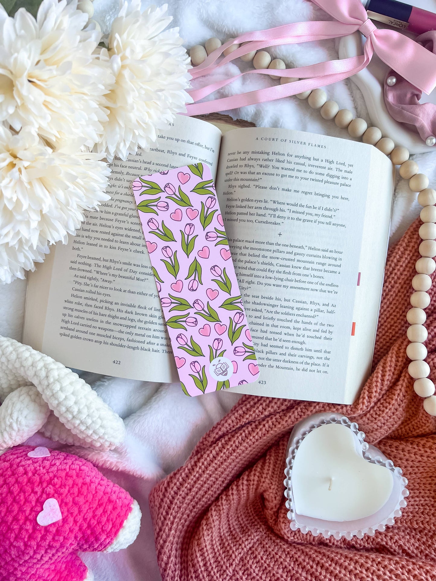 Pink Tulips and Hearts Bookmark | Floral Bookmarks | Cute Bookmarks