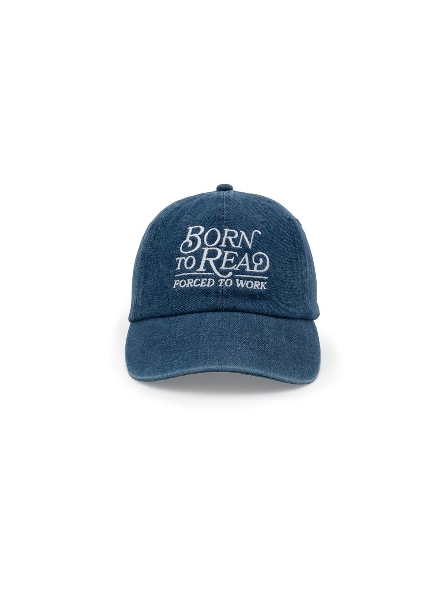 Born to Read, Forced to Work Hat: 100% Cotton Denim Baseball Cap, Adjustable Brass Metal Buckle Closure, Dark Blue