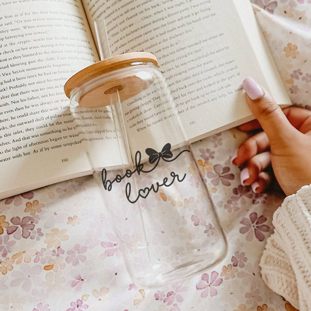Book Lover Clear Glass Cup with Bamboo Lid & Straw