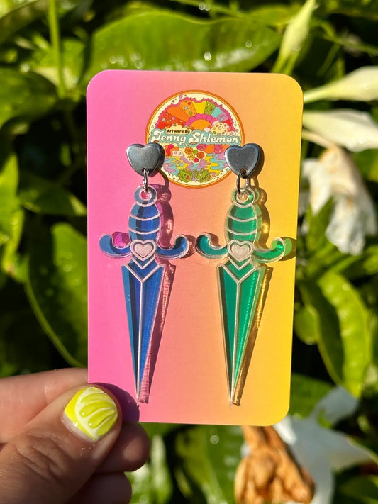 Iridescent Heart Dagger Earrings