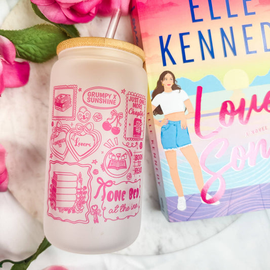 Bookish Romance Tropes Frosted Glass Cup with Bamboo Lid & Plastic Straw