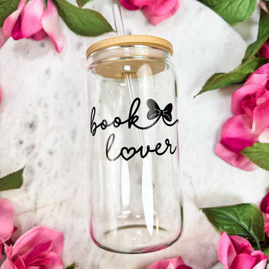Book Lover Clear Glass Cup with Bamboo Lid & Straw