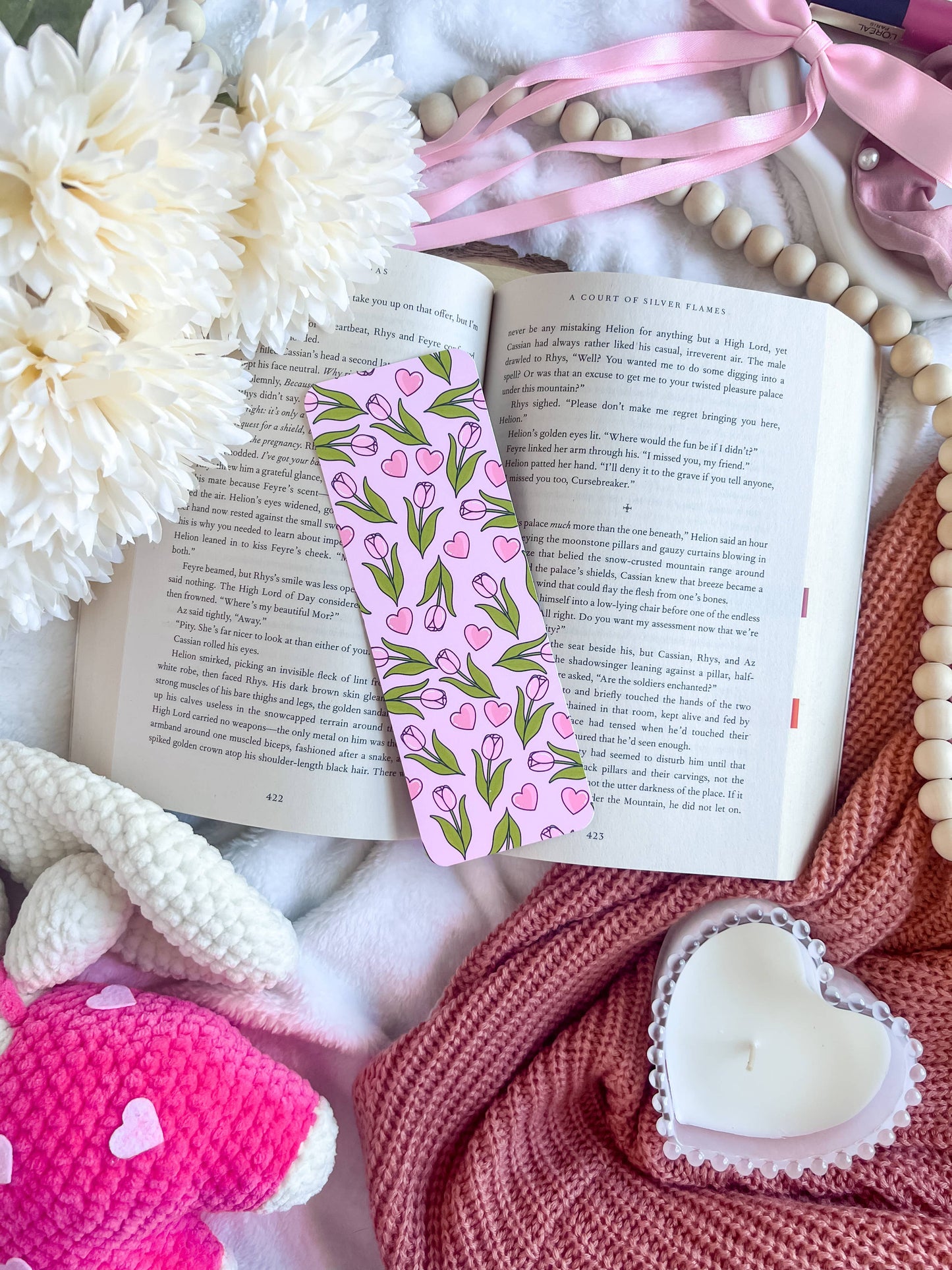Pink Tulips and Hearts Bookmark | Floral Bookmarks | Cute Bookmarks