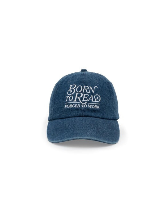Born to Read, Forced to Work Hat: 100% Cotton Denim Baseball Cap, Adjustable Brass Metal Buckle Closure, Dark Blue
