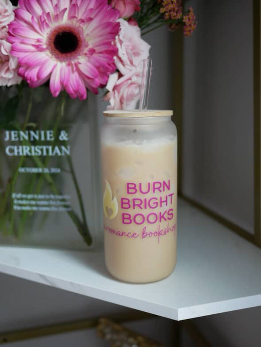Burn Bright Books | 20oz Frosted Can Glass with Bamboo Lid & Straw