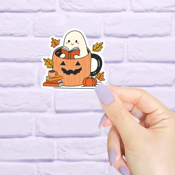 Ghost Reading in A Pumpkin Fall Mug Sticker