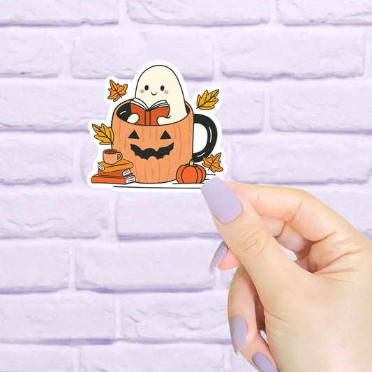 Ghost Reading in A Pumpkin Fall Mug Sticker