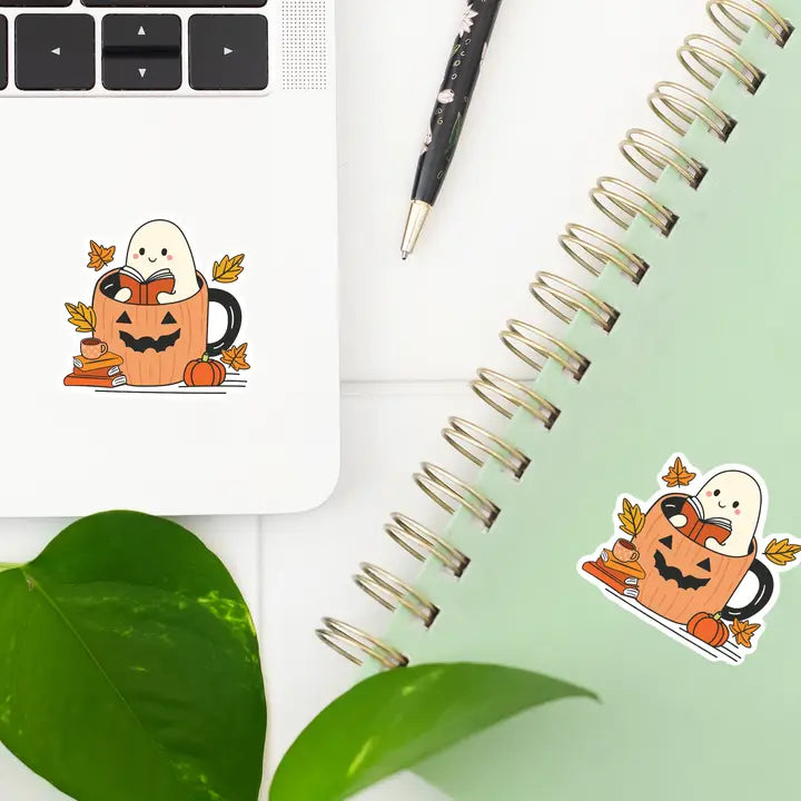 Ghost Reading in A Pumpkin Fall Mug Sticker