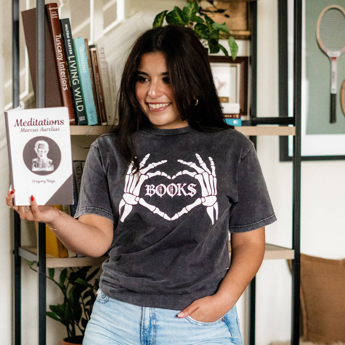 Book Lover Shirt Books Skeleton Hands Graphic Tee