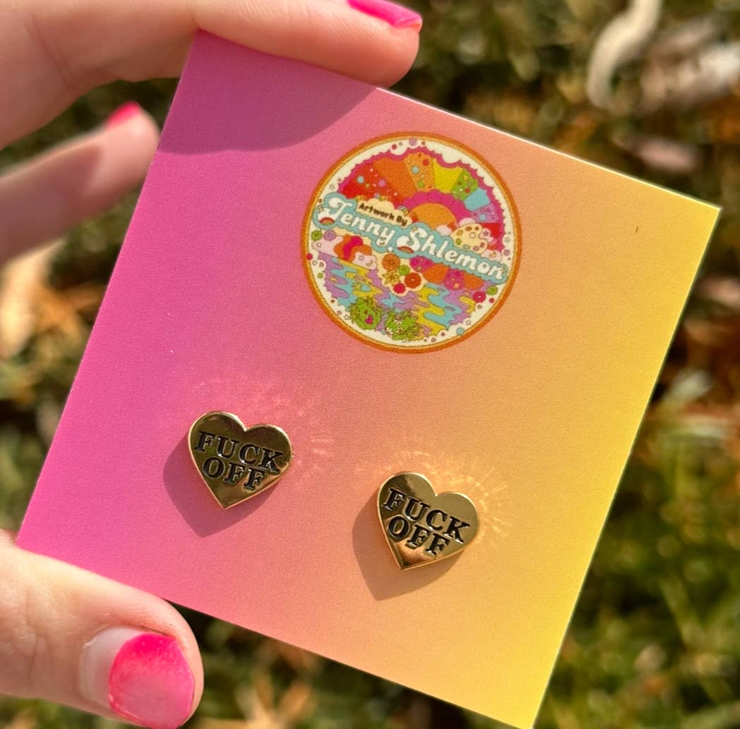 Golden Enamel Fuck Off Heart Stud Earrings