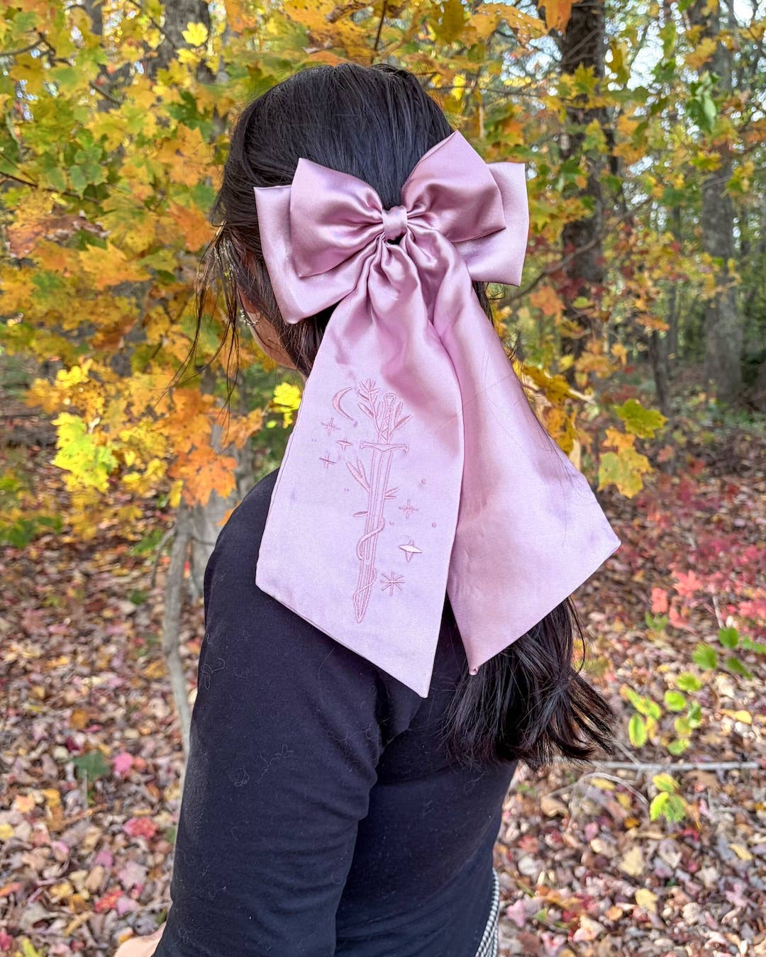 Fantasy Sword Hair Bow Clip | Embroidered Bookish Satin Bow