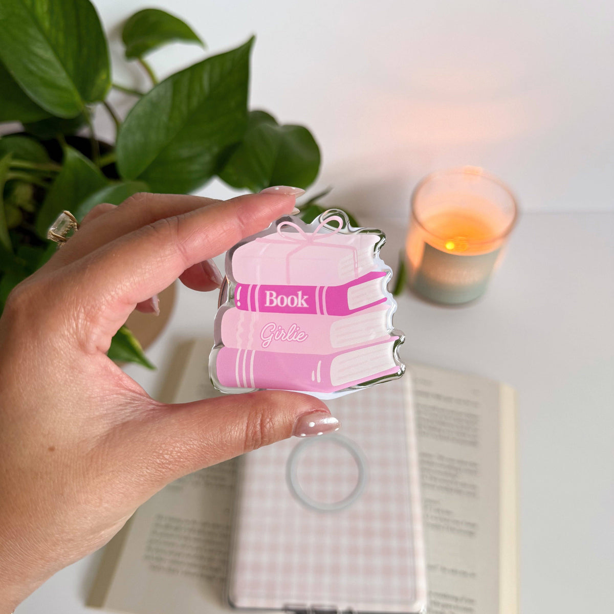 Book Girlie Kindle Grip, Pink Mag-Safe E-Reader Holder