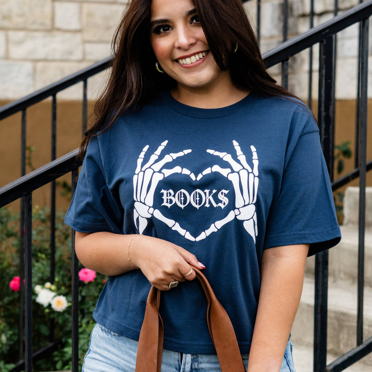 Book Lover Shirt Books Skeleton Hands Graphic Tee