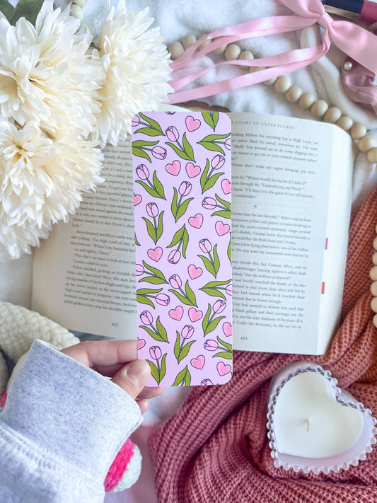 Pink Tulips and Hearts Bookmark | Floral Bookmarks | Cute Bookmarks