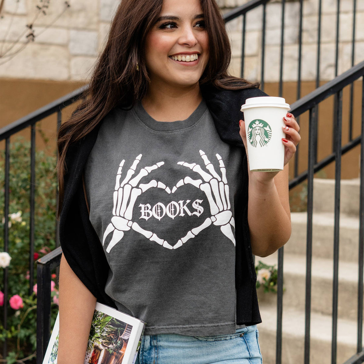 Book Lover Shirt Books Skeleton Hands Graphic Tee